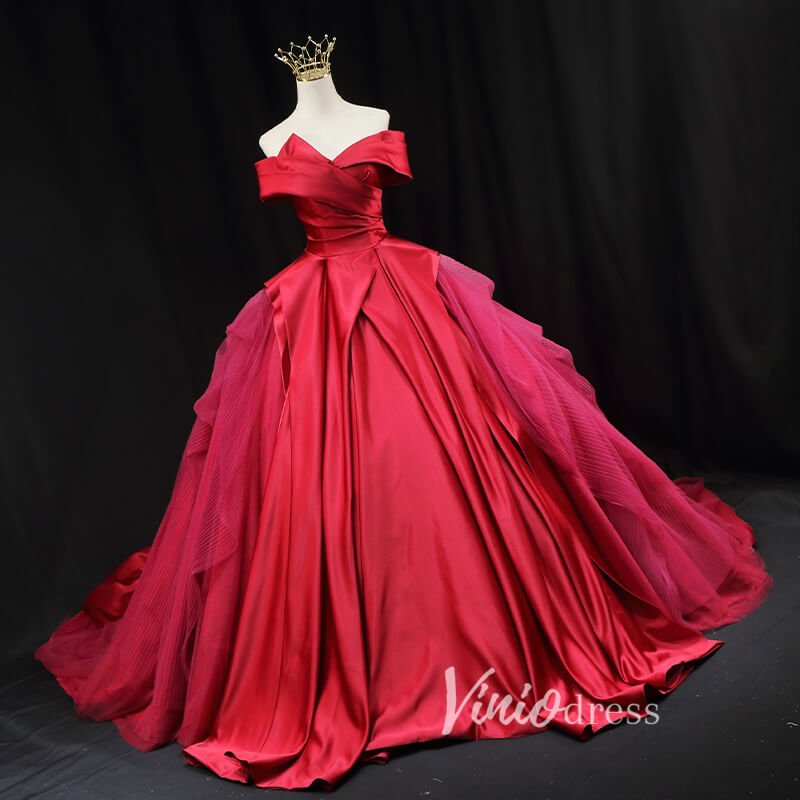 Red Pleated Satin Quinceanera Dresses Off the Shoulder Prom Ball Gown FD3453-prom dresses 2025 -Viniodress-Red-Custom Size-