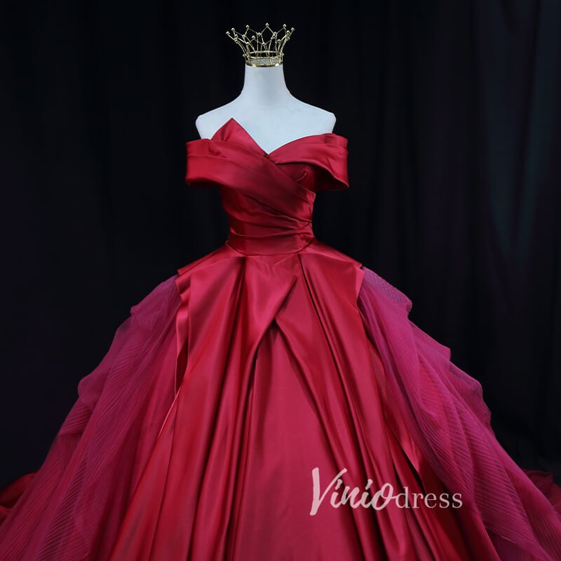 Red Pleated Satin Quinceanera Dresses Off the Shoulder Prom Ball Gown FD3453-prom dresses 2025 -Viniodress-Red-Custom Size-