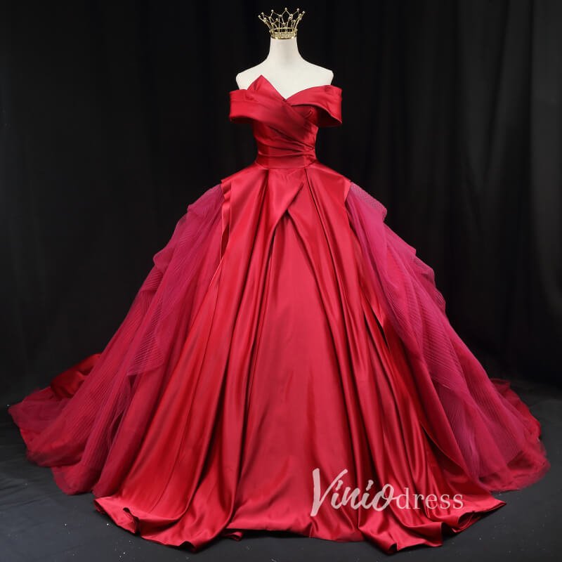 Red Pleated Satin Quinceanera Dresses Off the Shoulder Prom Ball Gown FD3453-prom dresses 2025 -Viniodress-Red-Custom Size-
