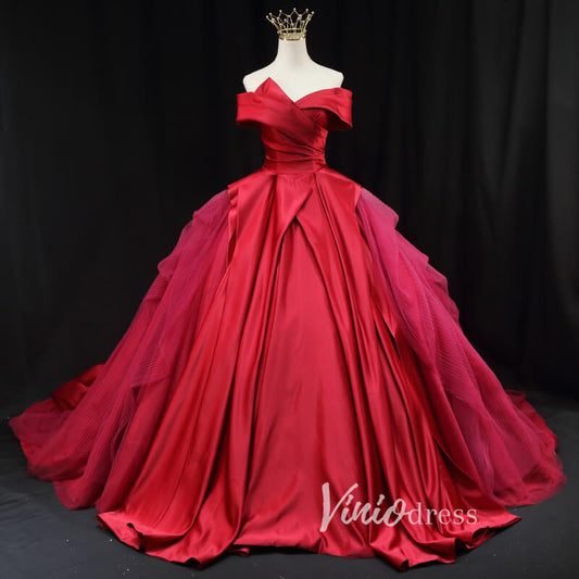 Prom Dress 2025 Red Pleated Satin Quinceanera Dresses Off the Shoulder Prom Ball Gown FD3453-unique prom dresses-Red-Custom Size-Viniodress