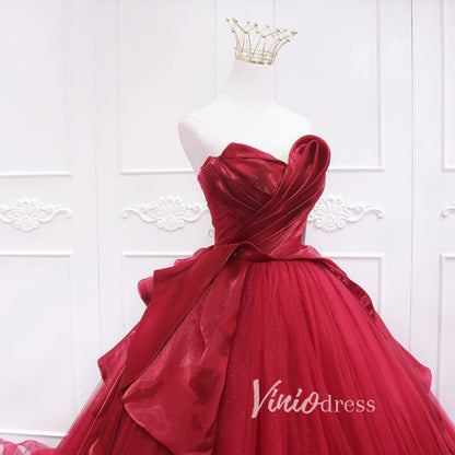 Red Pleated Tulle Quinceanera Dresses Strapless Prom Ball Gown FD3452-prom dresses 2025 -Viniodress-Red-Custom Size-