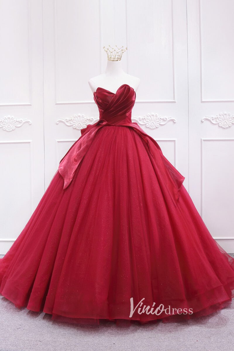Red Pleated Tulle Quinceanera Dresses Strapless Prom Ball Gown FD3452-prom dresses 2025 -Viniodress-Red-Custom Size-