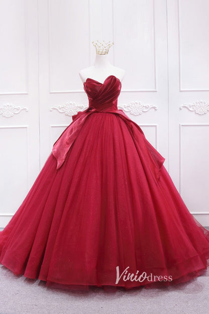 Red Pleated Tulle Quinceanera Dresses Strapless Prom Ball Gown FD3452-prom dresses 2025 -Viniodress-Red-Custom Size-