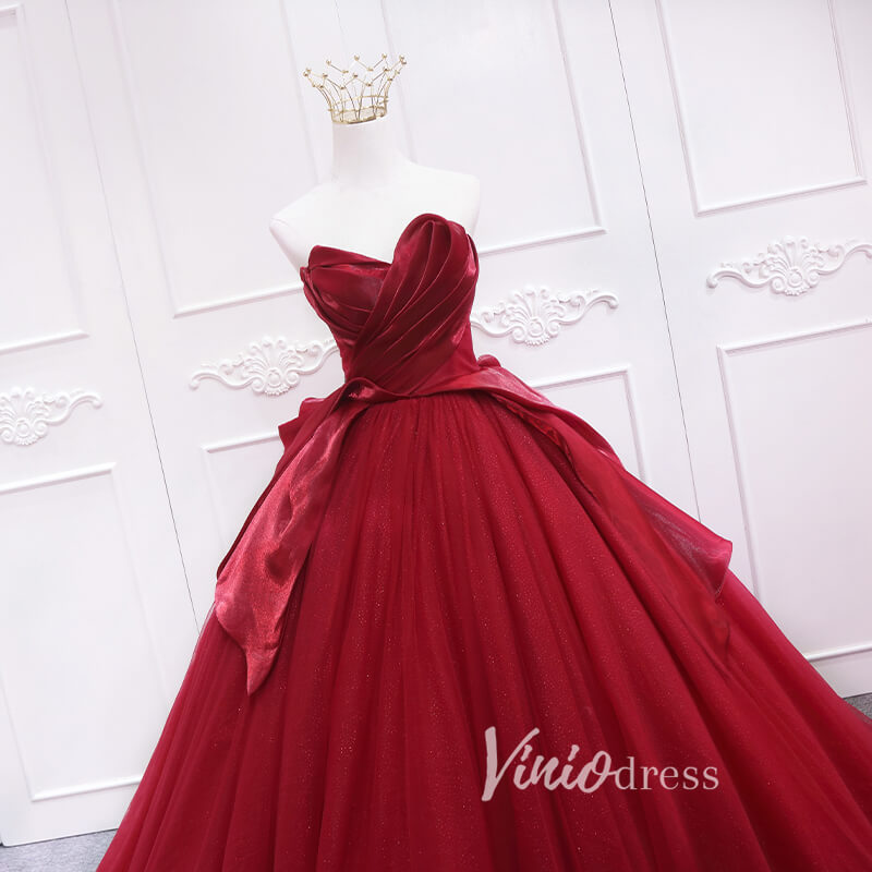 Prom Dress 2025 Red Pleated Tulle Quinceanera Dresses Strapless Prom Ball Gown FD3452-unique prom dresses-Red-Custom Size-Viniodress