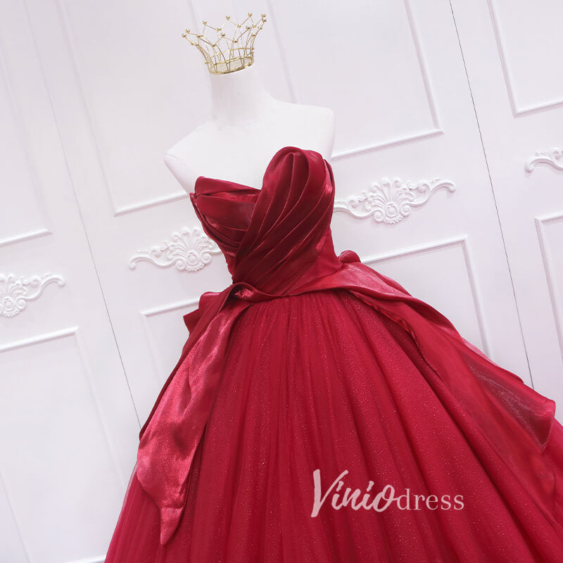 Prom Dress 2025 Red Pleated Tulle Quinceanera Dresses Strapless Prom Ball Gown FD3452-unique prom dresses-Red-Custom Size-Viniodress