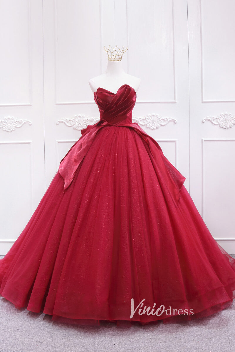 Prom Dress 2025 Red Pleated Tulle Quinceanera Dresses Strapless Prom Ball Gown FD3452-unique prom dresses-Red-Custom Size-Viniodress