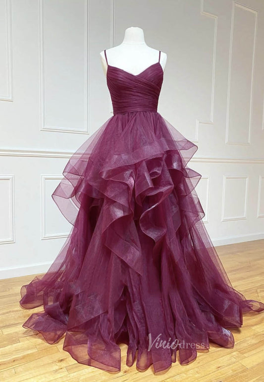 Red Plum Layered Prom Dresses Spaghetti Strap Formal Gown FD2114-prom dresses 2025 -Viniodress-Plum-Custom Size-