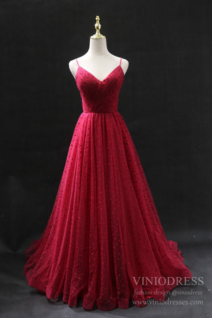 Red Polka Dot Lace Prom Dresses Spaghetti Strap V-neck Evening Dress-Prom Dresses 2025 -VINIODRESS-Red-US2-
