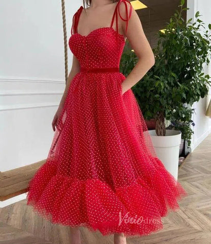 Red Polka Dot Prom Dress with Pockets Maxi Dress FD1610-prom dresses 2025 -Viniodress-Red-Custom Size-
