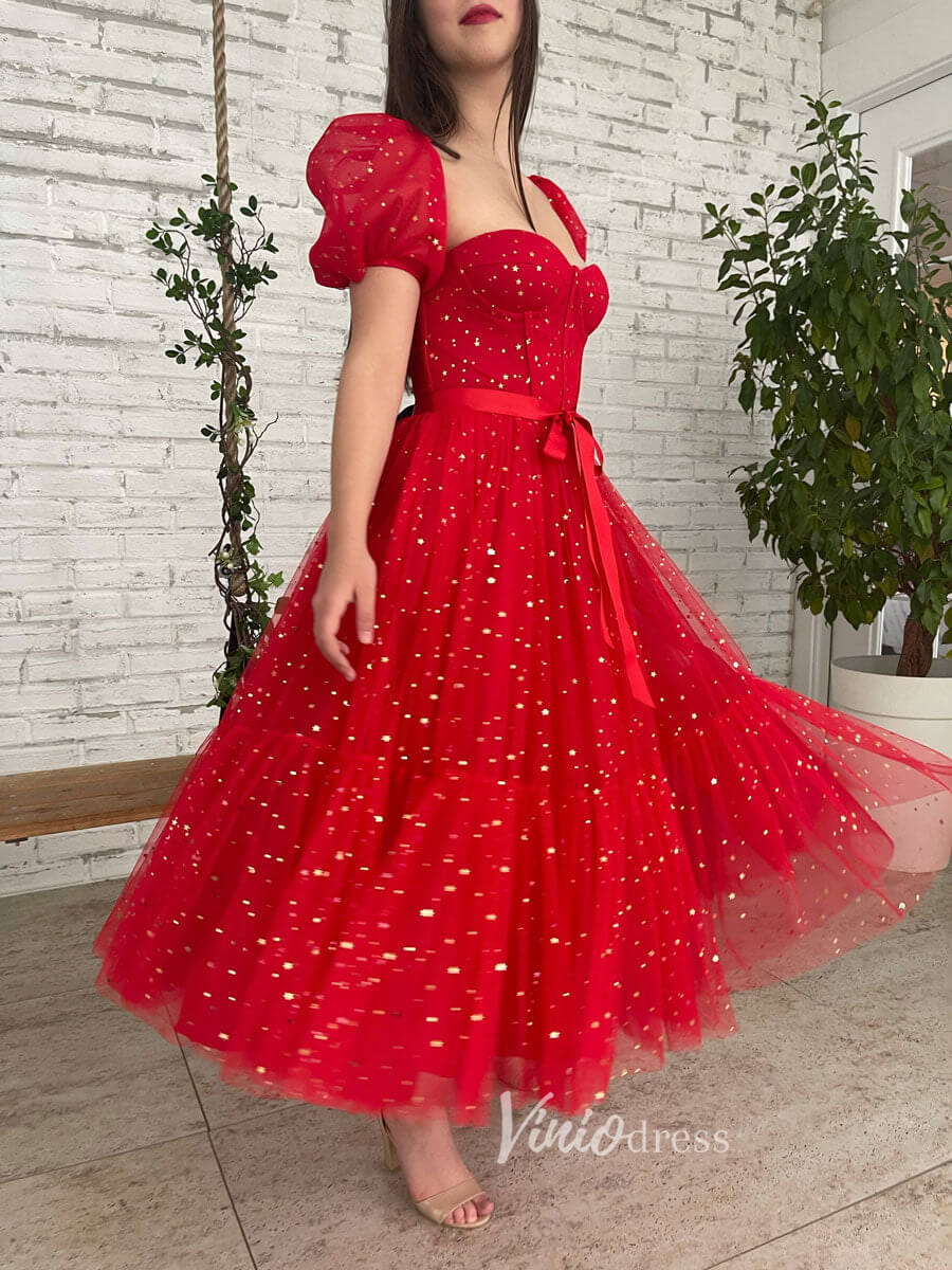 Red Puffed Sleeve Mid-Length Prom Dresses Starry Tulle Short Formal Dress FD3084-prom dresses 2025 -Viniodress-Red-Custom Size-