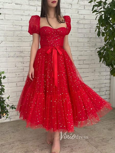 Red Puffed Sleeve Mid-Length Prom Dresses Starry Tulle Short Formal Dr   Viniodress