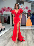 Red Puffed Sleeve Satin Mermaid Prom Dresses with Slit V-Neck FD4011