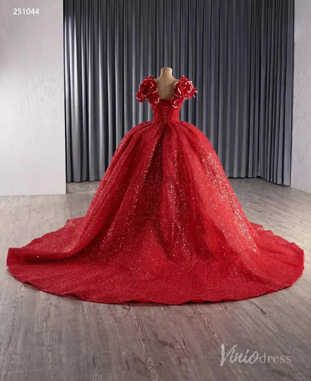 Red Quinceañera Dress with Flower Shoulder Ball Gown Corset Back & Bow Train 251044-Quinceanera Dresses 2025 -Viniodress-Red-Custom Size-