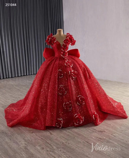 Red Quinceañera Dress with Flower Shoulder Ball Gown Corset Back & Bow Train 251044-Quinceanera Dresses 2025 -Viniodress-Red-Custom Size-