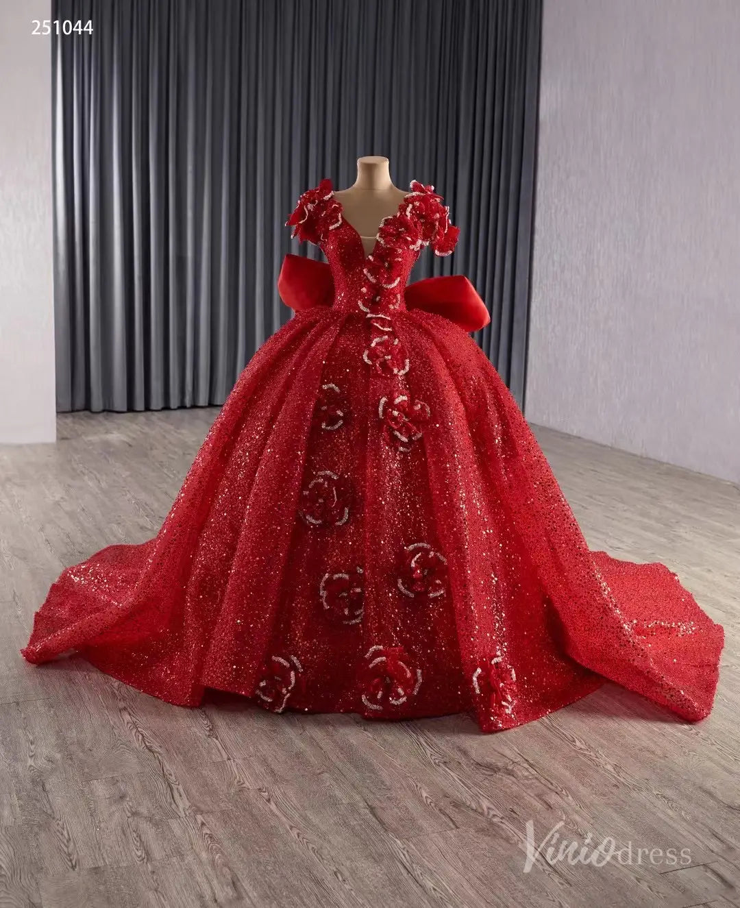 Red Quinceañera Dress with Flower Shoulder Ball Gown Corset Back & Bow Train 251044-Quinceanera Dresses 2025 -Viniodress-Red-Custom Size-