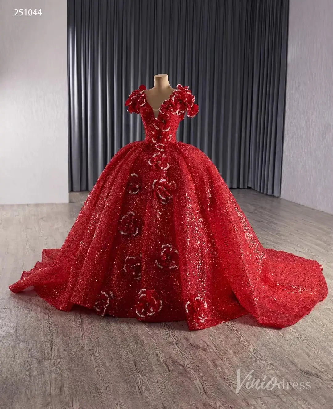 Red Quinceañera Dress with Flower Shoulder Ball Gown Corset Back & Bow Train 251044-Quinceanera Dresses 2025 -Viniodress-Red-Custom Size-
