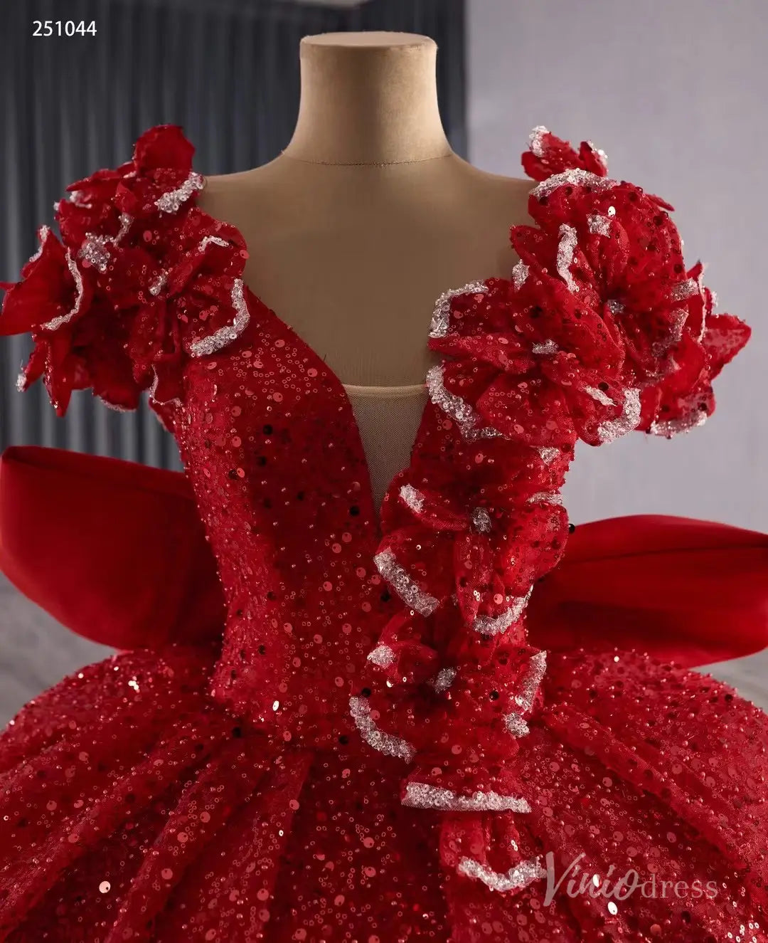 Red Quinceañera Dress with Flower Shoulder Ball Gown Corset Back & Bow Train 251044-Quinceanera Dresses 2025 -Viniodress-Red-Custom Size-