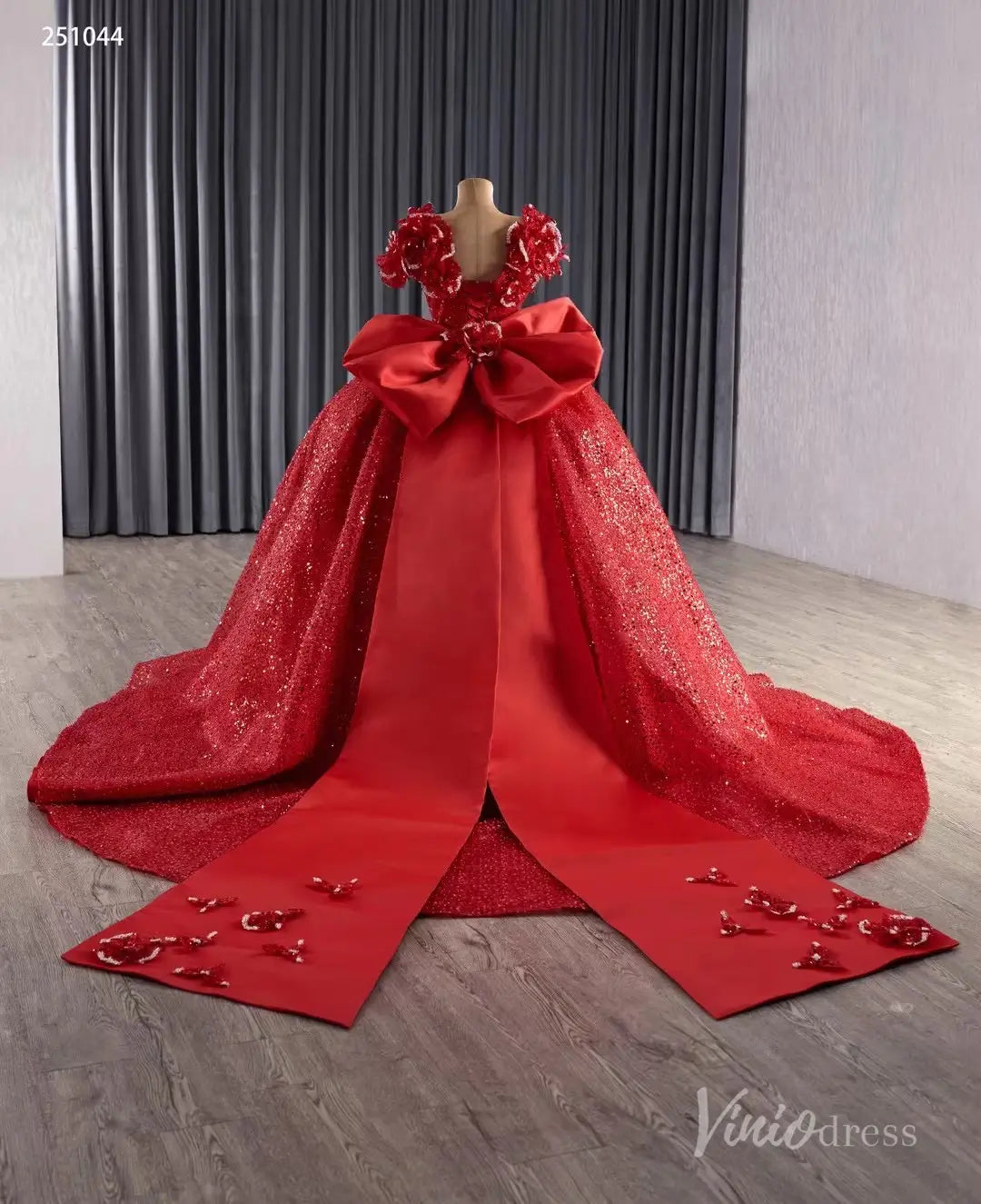 Red Quinceañera Dress with Flower Shoulder Ball Gown Corset Back & Bow Train 251044-Quinceanera Dresses 2025 -Viniodress-Red-Custom Size-