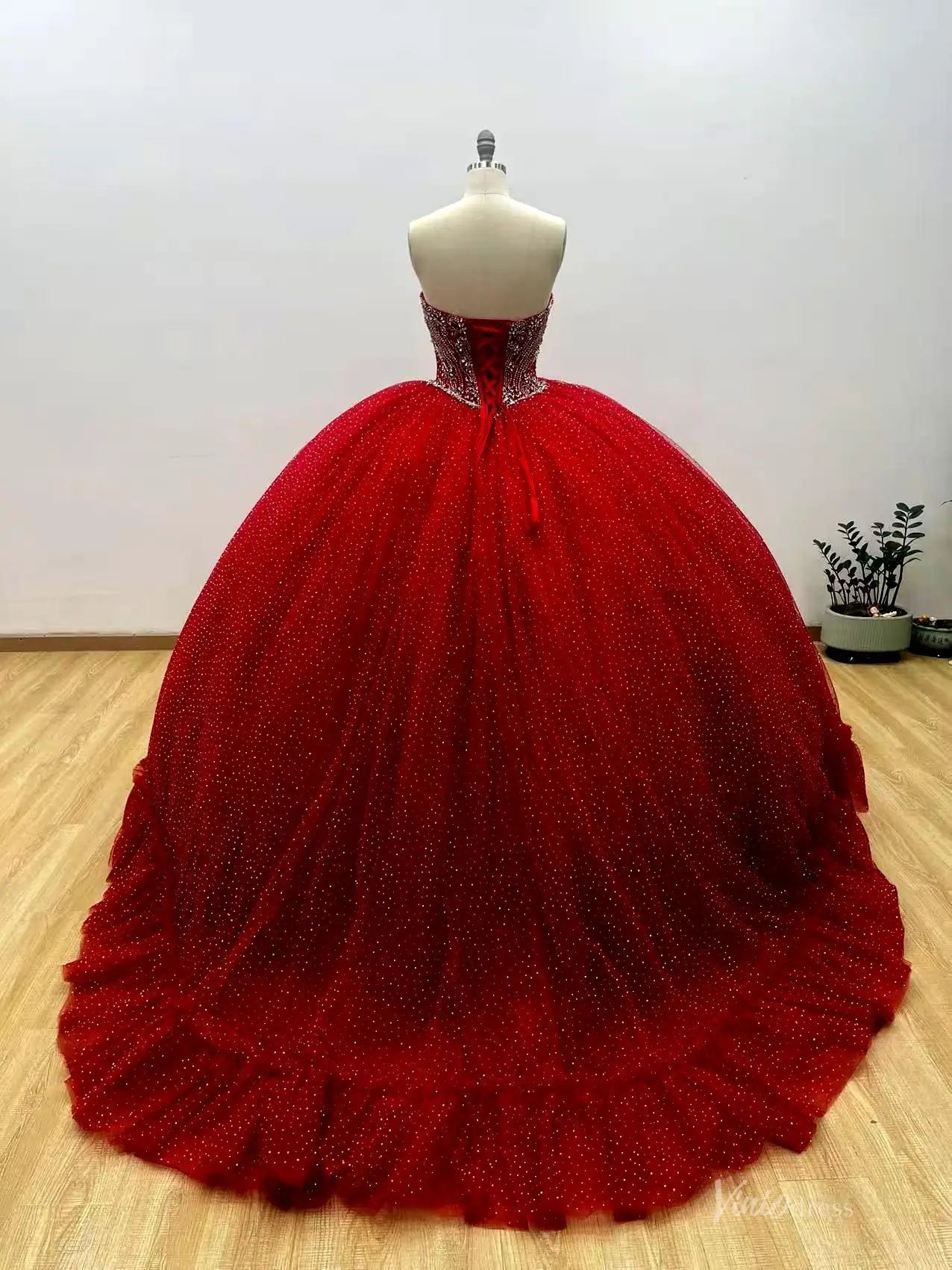 Red Rhinestone Strapless Quinceañera Ball Gown with Sweetheart Neckline & Glitter Tulle – QC008-Quinceanera Dresses 2026-Viniodress-Red-Custom Size – Add Measurements in Cart-