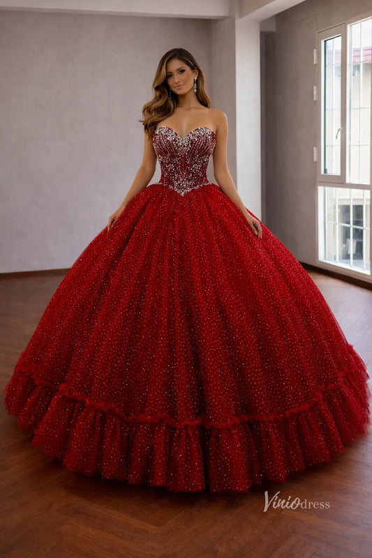 Red Rhinestone Strapless Quinceañera Ball Gown with Sweetheart Neckline & Glitter Tulle – QC008-Quinceanera Dresses 2026-Viniodress-Red-Custom Size – Add Measurements in Cart-