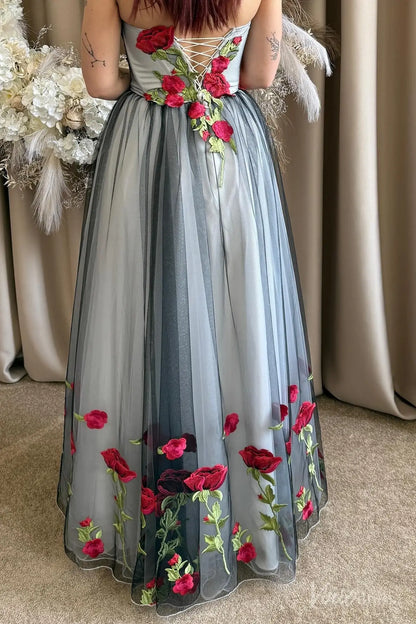 Red Rose Embroidered Elopement Wedding Dress | Black & Grey Tulle A-Line Gown with Side Slit FW211-wedding dresses 2025 -Viniodress-Black-Custom Size-