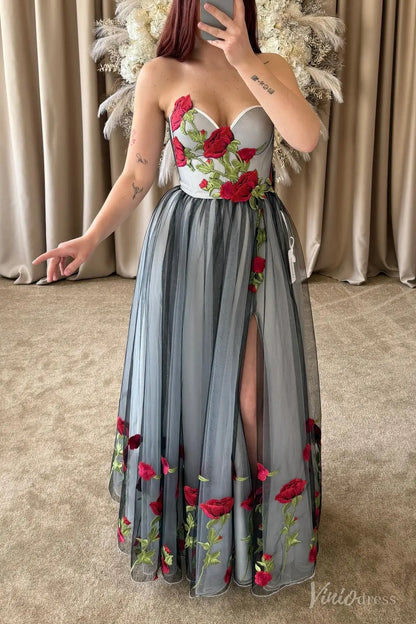 Red Rose Embroidered Elopement Wedding Dress | Black & Grey Tulle A-Line Gown with Side Slit FW211-wedding dresses 2025 -Viniodress-Black-Custom Size-