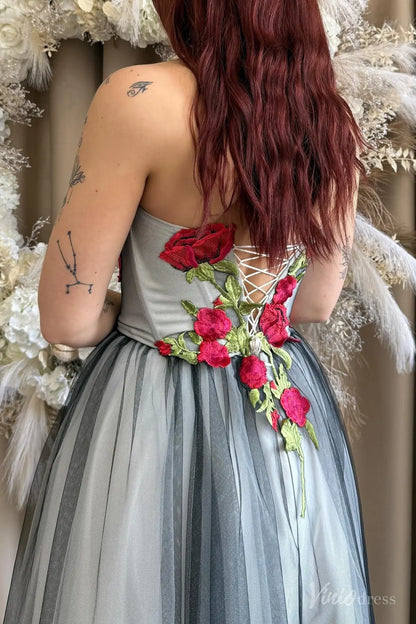 Red Rose Embroidered Elopement Wedding Dress | Black & Grey Tulle A-Line Gown with Side Slit FW211-wedding dresses 2025 -Viniodress-Black-Custom Size-