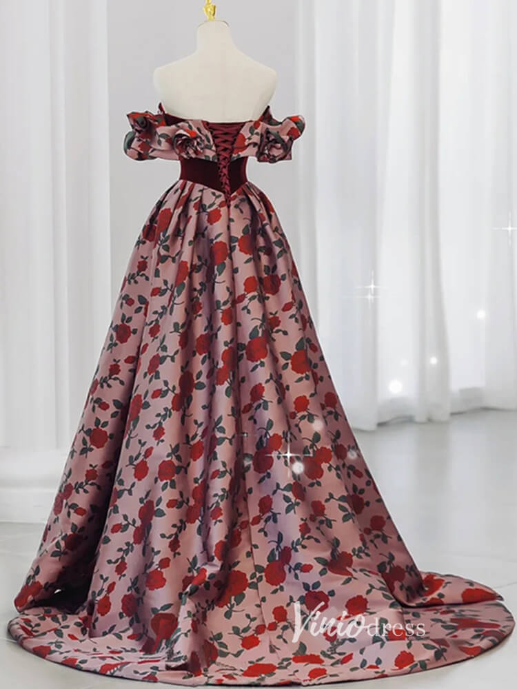 Red Rose Floral Printed Prom Dresses Off the Shoulder Formal Gown, Corset Back FD3246-prom dresses 2025 -Viniodress-As Picture-Custom Size-