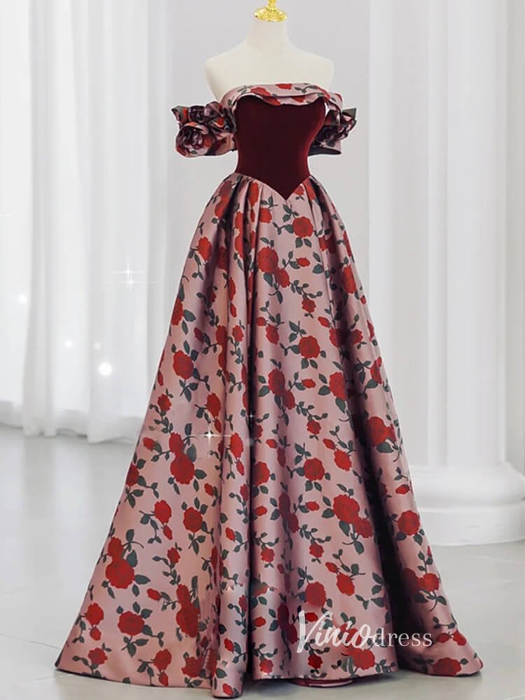 Red Rose Floral Printed Prom Dresses Off the Shoulder Formal Gown, Cor Viniodress Red Rose Floral Printed Prom Dresses Off the Shoulder Formal Gown, Cor Viniodress