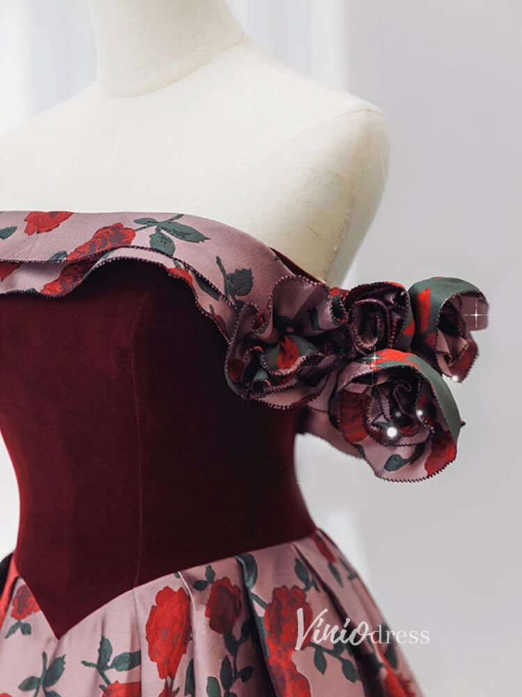 Red Rose Floral Printed Prom Dresses Off the Shoulder Formal Gown, Cor Viniodress Red Rose Floral Printed Prom Dresses Off the Shoulder Formal Gown, Cor Viniodress