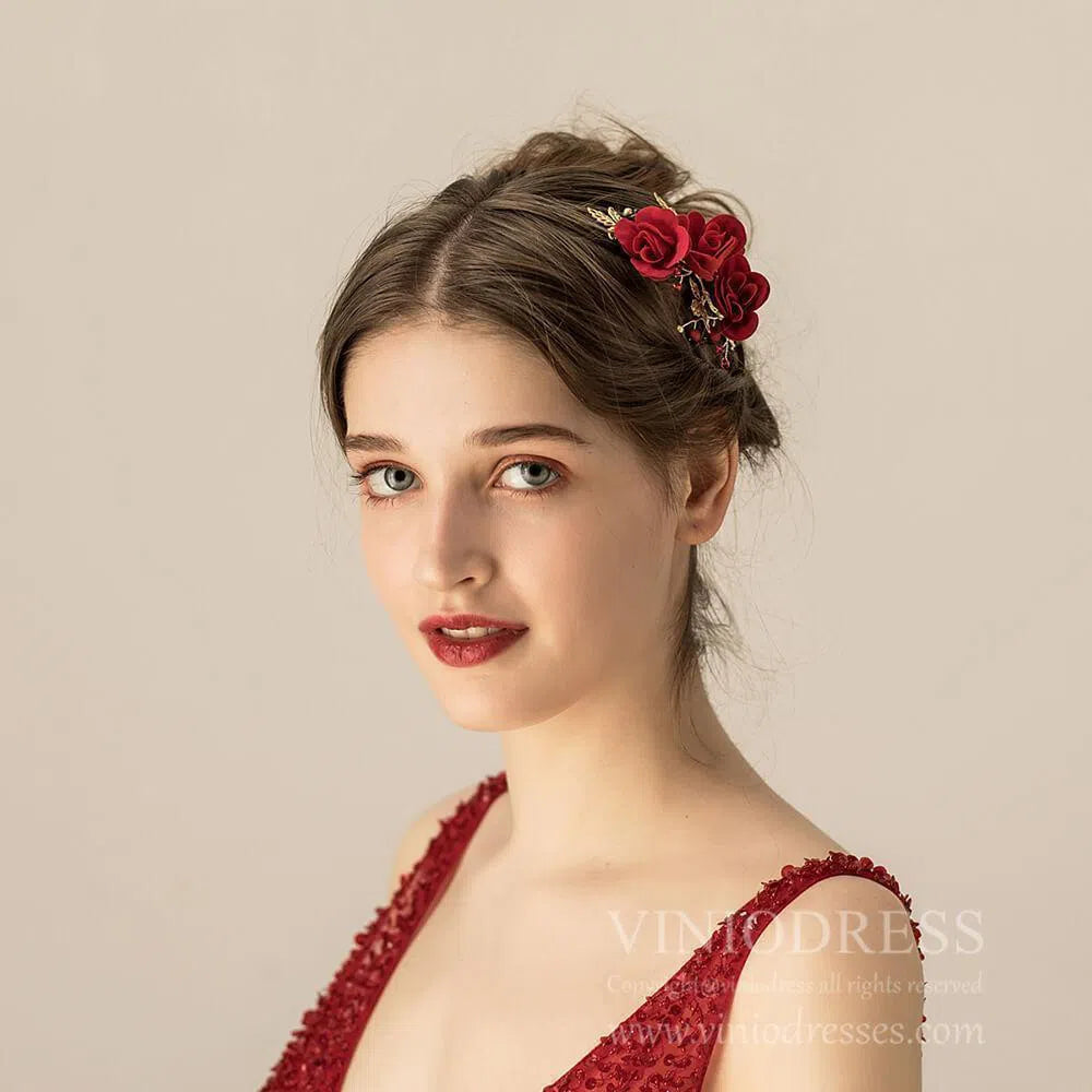 Red Rose Headpieces AC1111-Headpieces 2025 -Viniodress-1PCS-