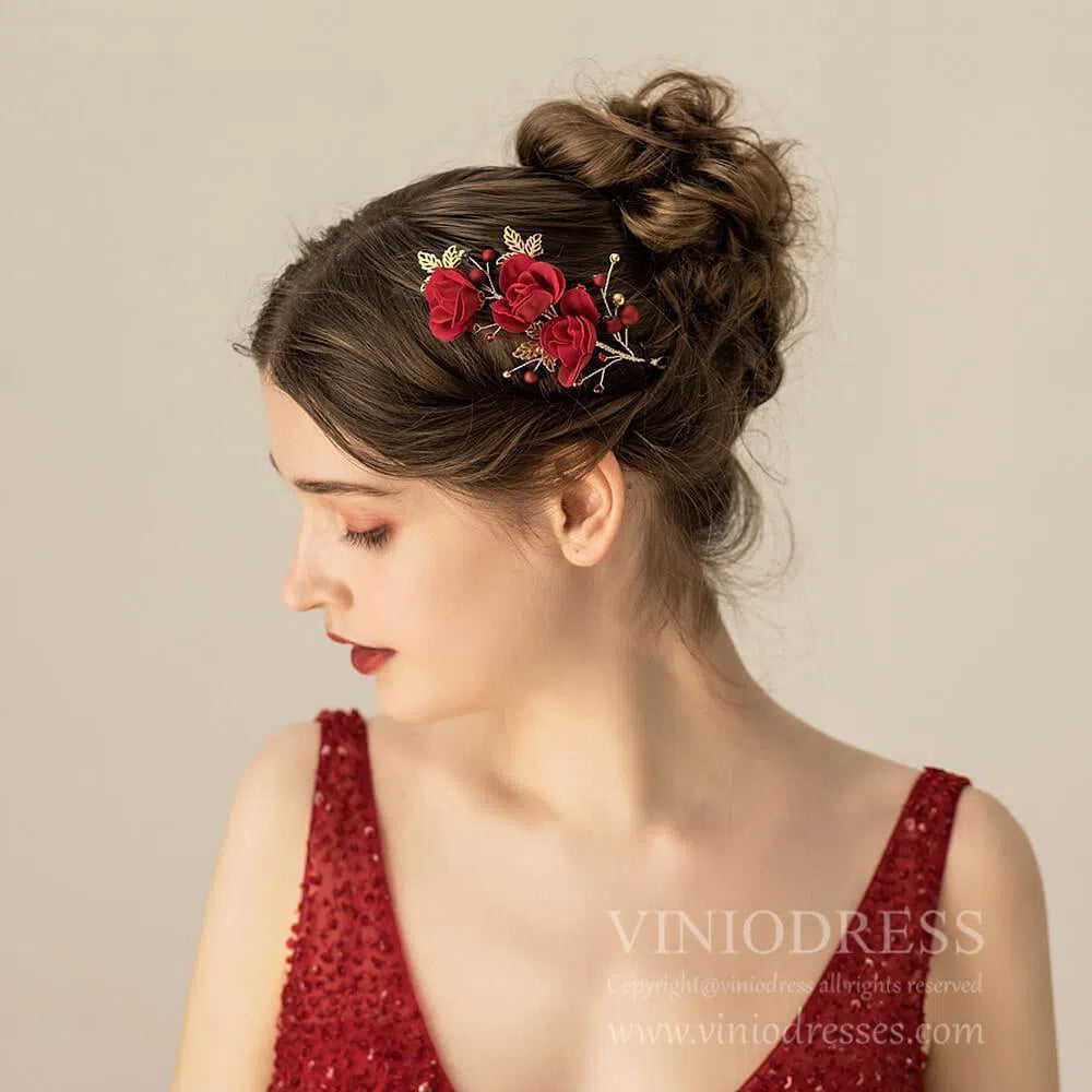 Red Rose Headpieces AC1111-Headpieces 2025 -Viniodress-1PCS-