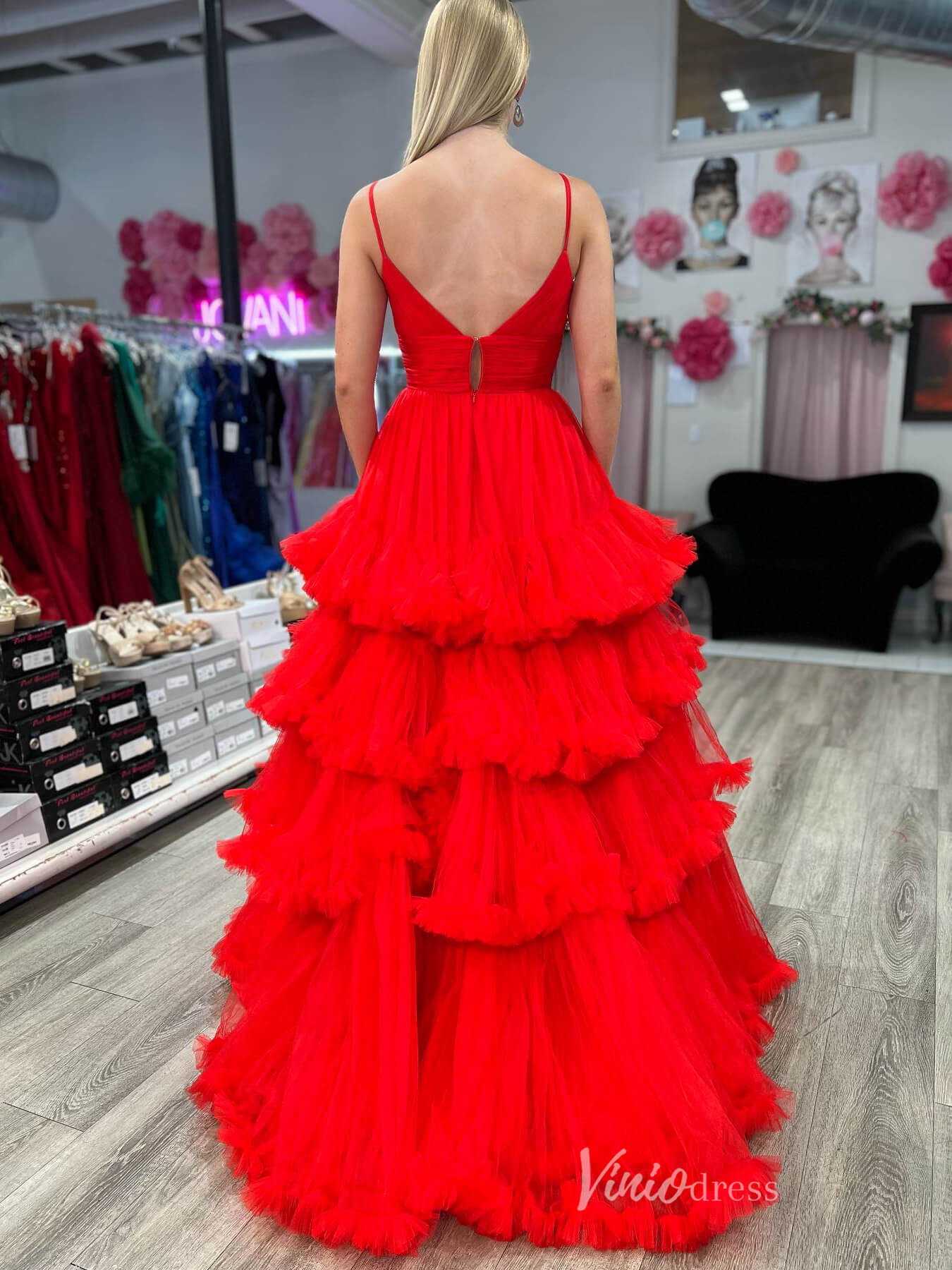Red Ruffle Prom Dresses Pleated Bodice Spaghetti Strap Formal Gown FD4035-prom dresses 2025 -Viniodress-Red-Custom Size-
