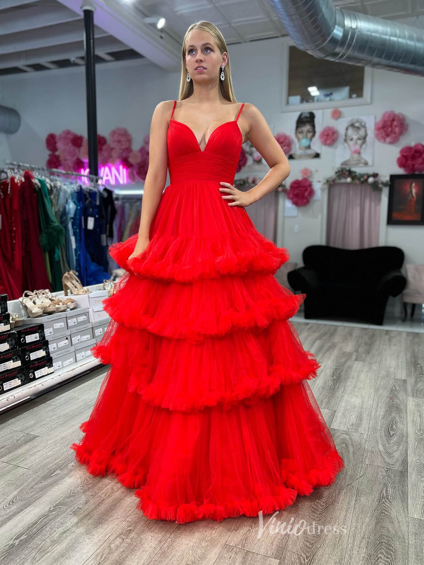 Red Ruffle Prom Dresses Pleated Bodice Spaghetti Strap Formal Gown FD4035-prom dresses 2025 -Viniodress-Red-Custom Size-