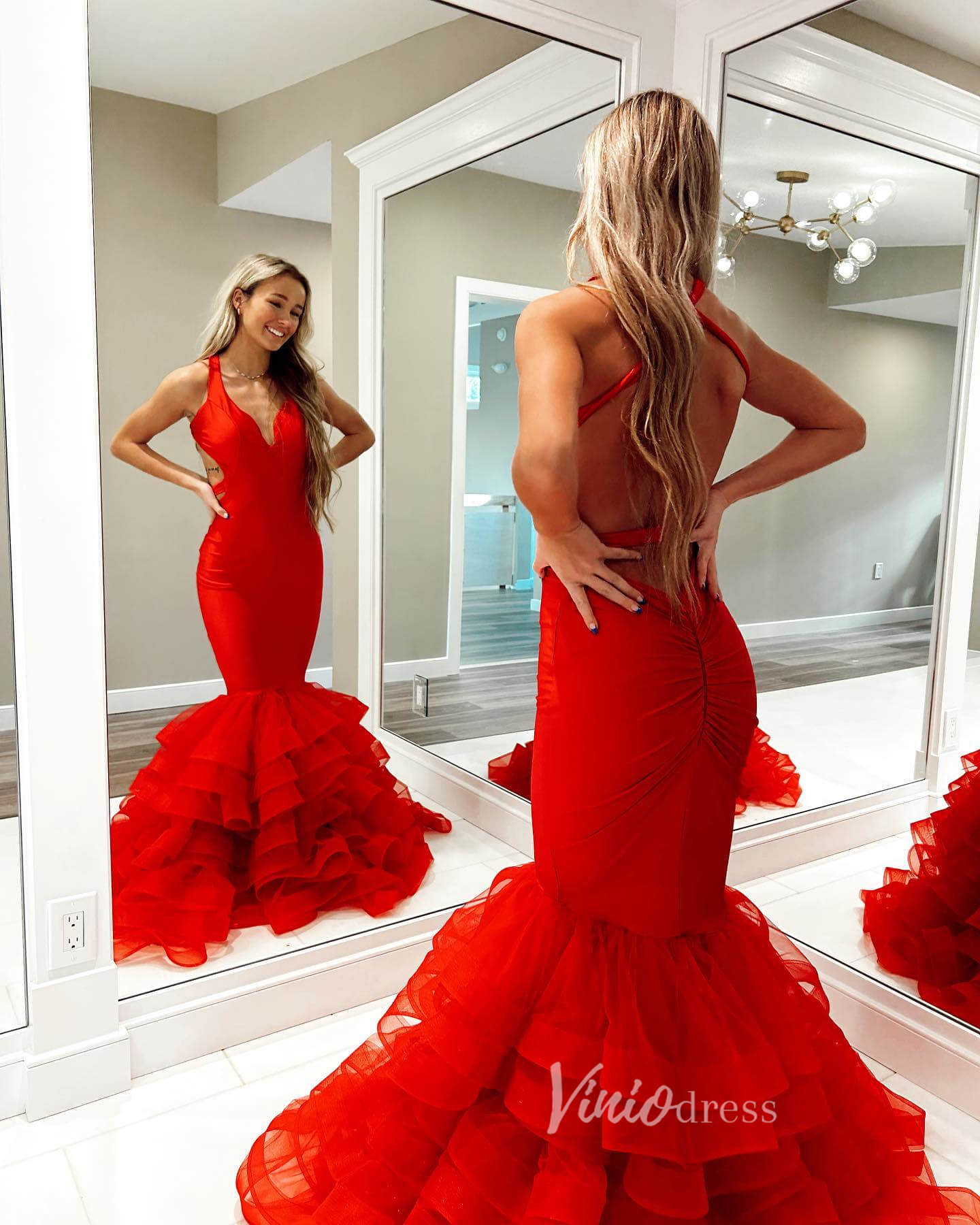Red Ruffle Prom Dresses Satin Ruffle V-Neck Mermaid Dresses FD3621-prom dresses 2025 -Viniodress-Red-Custom Size-