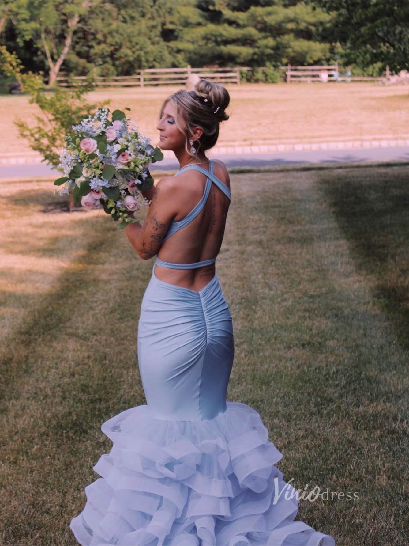 Red Ruffle Prom Dresses Satin Ruffle V-Neck Mermaid Dresses FD3621-prom dresses 2025 -Viniodress-Light Blue-Custom Size-