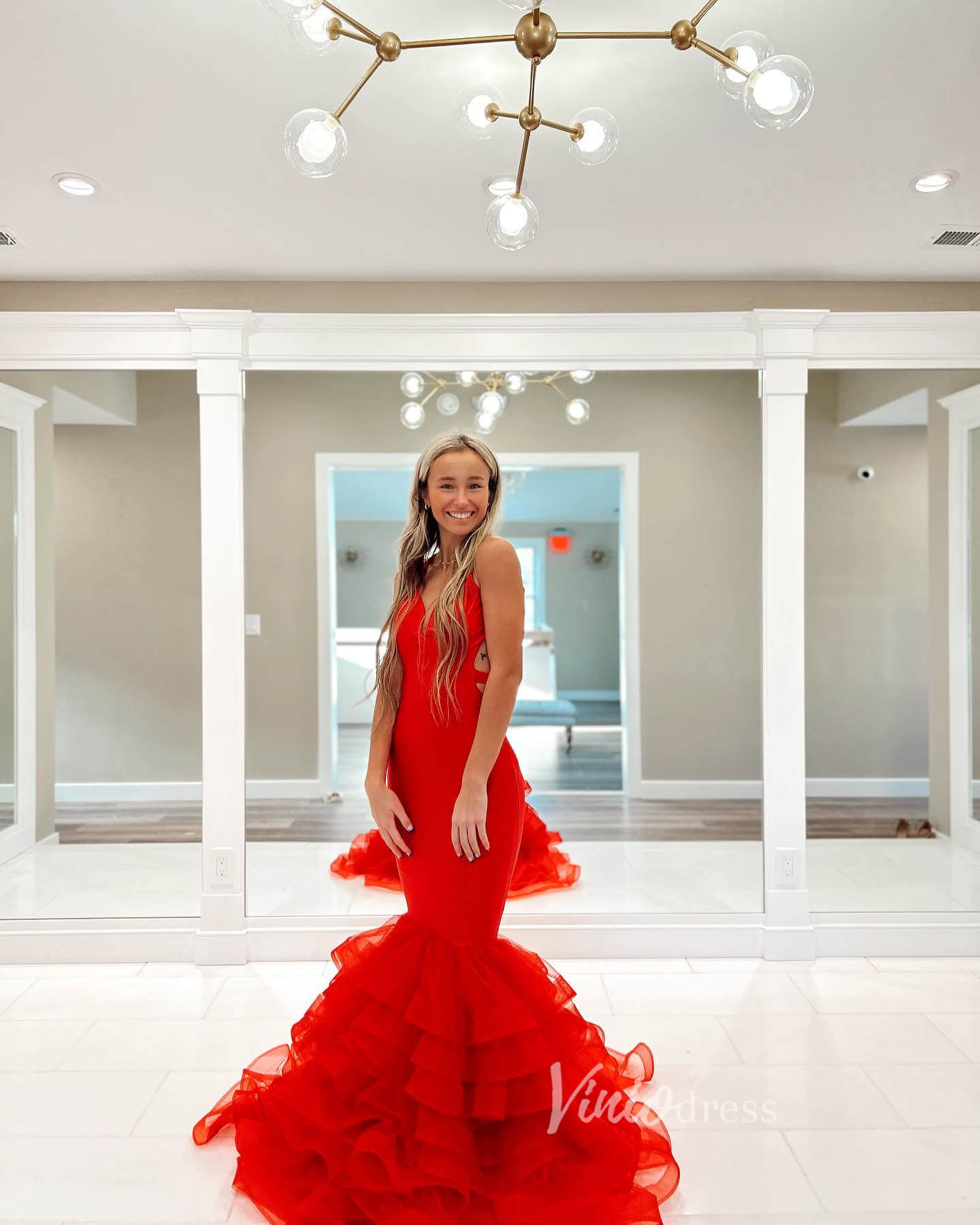 Red Ruffle Prom Dresses Satin Ruffle V-Neck Mermaid Dresses FD3621-prom dresses 2025 -Viniodress-Red-Custom Size-