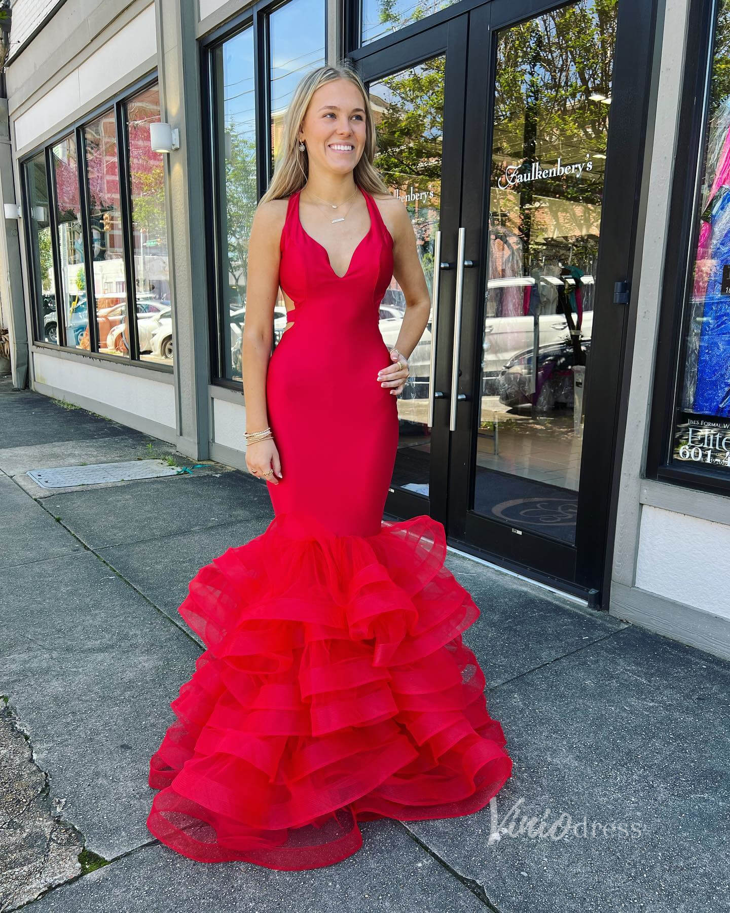 Red Ruffle Prom Dresses Satin Ruffle V-Neck Mermaid Dresses FD3621-prom dresses 2025 -Viniodress-Red-Custom Size-