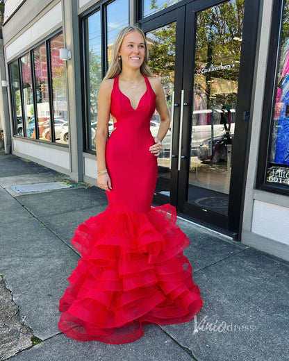 Red Ruffle Prom Dresses Satin Ruffle V-Neck Mermaid Dresses FD3621-prom dresses 2025 -Viniodress-Red-Custom Size-