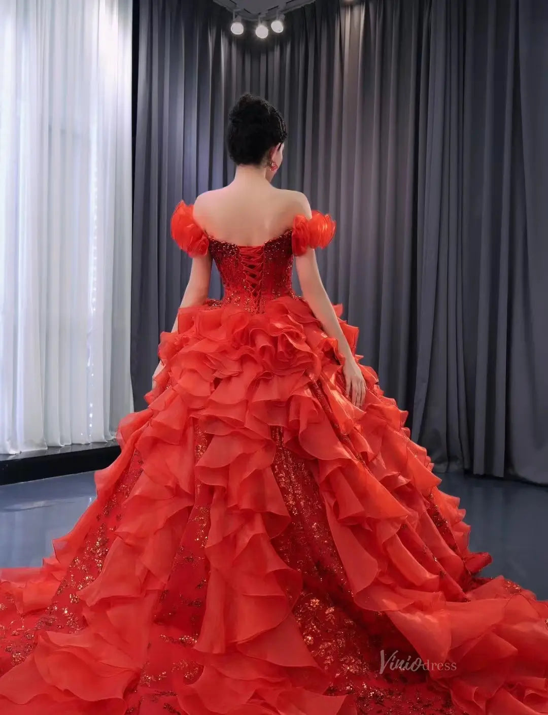 Red Ruffle Wedding Dresses Ball Gown Off the Shoulder Quinceanera Dresses 241070-Quinceanera Dresses 2025 -Viniodress-Red-Custom Size-