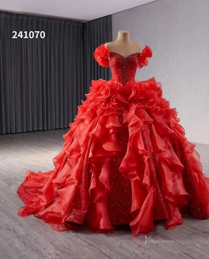Red Ruffle Wedding Dresses Ball Gown Off the Shoulder Quinceanera Dresses 241070-Quinceanera Dresses 2025 -Viniodress-Red-Custom Size-