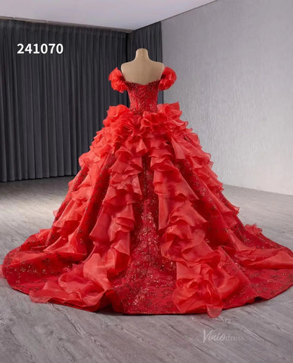 Red Ruffle Wedding Dresses Ball Gown Off the Shoulder Quinceanera Dresses 241070-Quinceanera Dresses 2025 -Viniodress-Red-Custom Size-