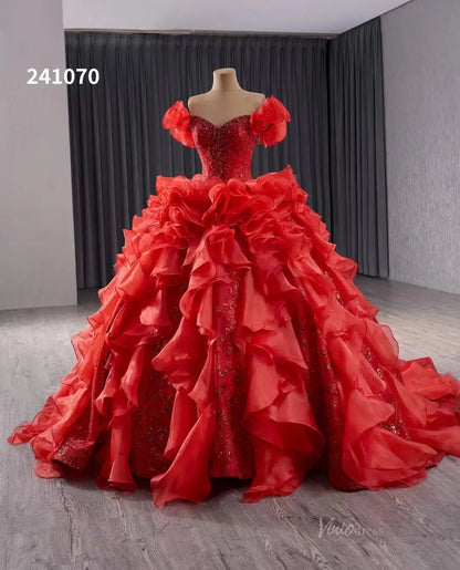 Red Ruffle Wedding Dresses Ball Gown Off the Shoulder Quinceanera Dresses 241070-Quinceanera Dresses 2025 -Viniodress-Red-Custom Size-