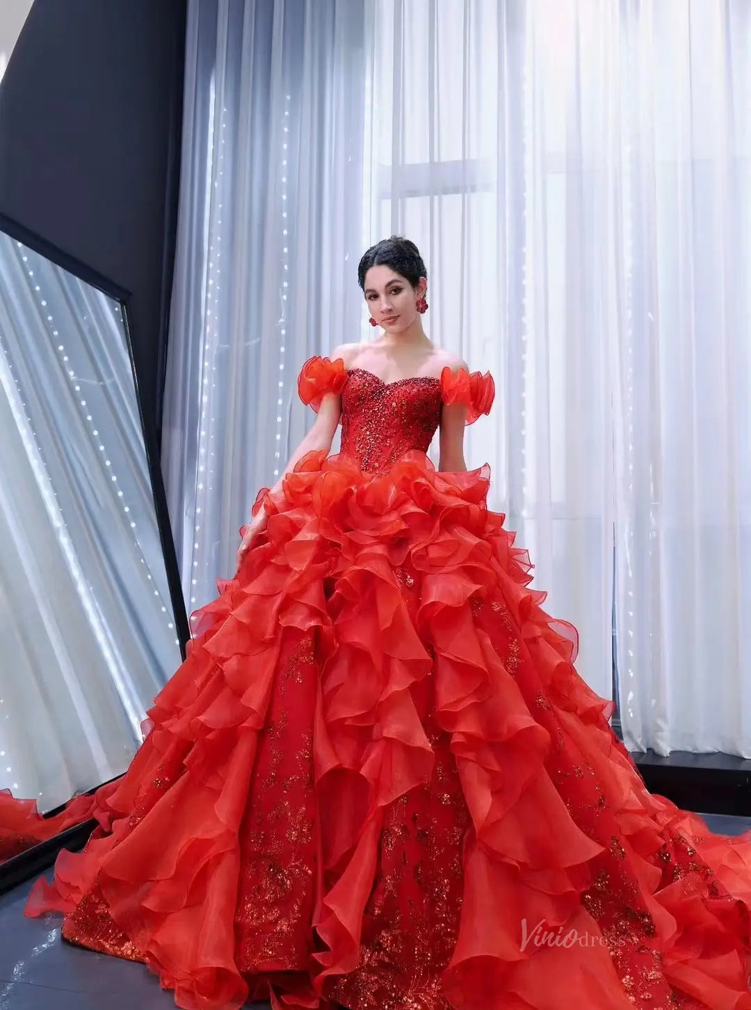 Red Ruffle Wedding Dresses Ball Gown Off the Shoulder Quinceanera Dresses 241070-Quinceanera Dresses 2025 -Viniodress-Red-Custom Size-