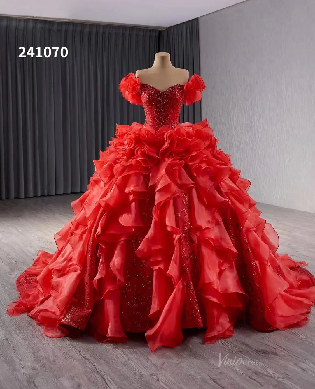 Quinceanera Dresses 2025 Red Ruffle Wedding Dresses Ball Gown Off the Shoulder Quinceanera Dresses 241070-plus size wedding dresses Viniodress-Red-Custom Size-