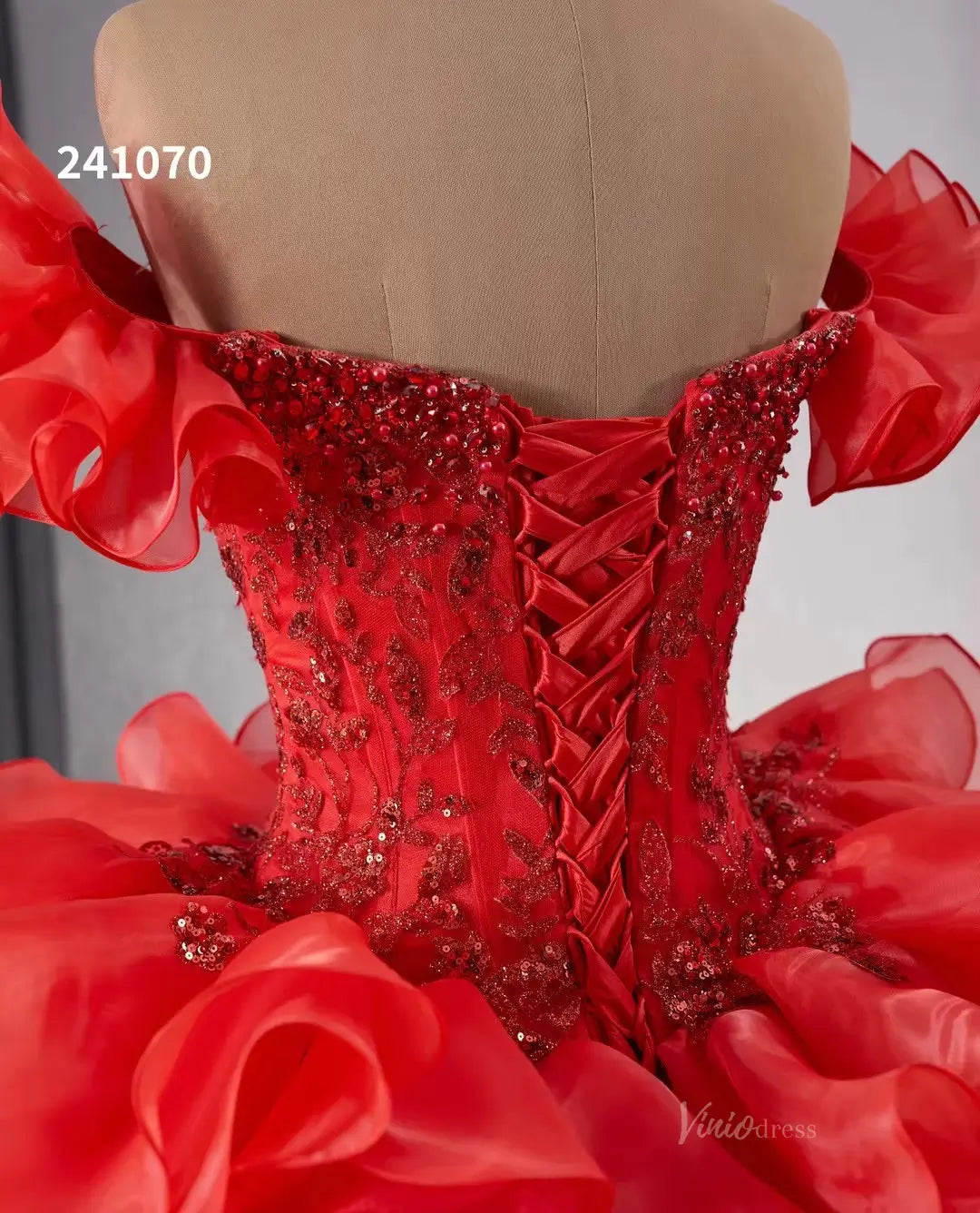 Quinceanera Dresses 2025 Red Ruffle Wedding Dresses Ball Gown Off the Shoulder Quinceanera Dresses 241070-plus size wedding dresses Viniodress-Red-Custom Size-