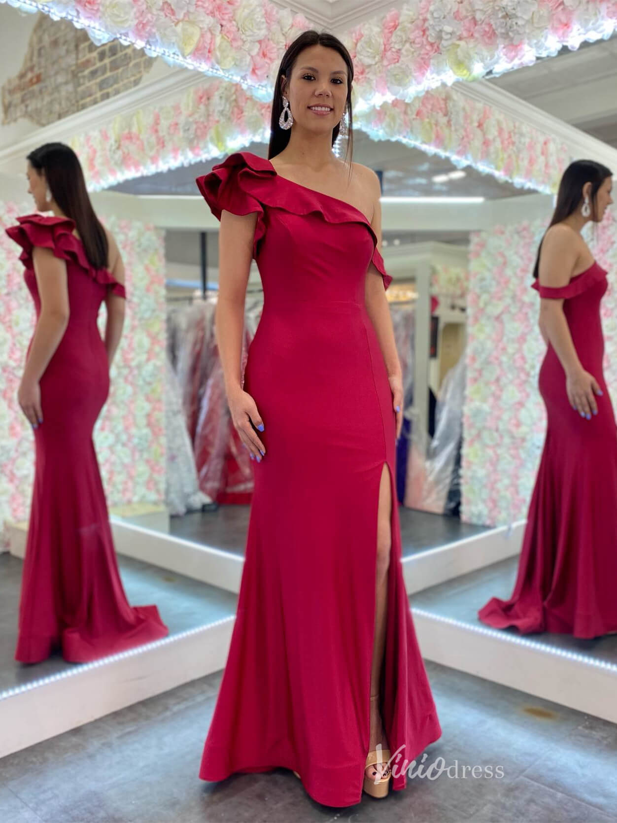 Red Ruffled One Shoulder Prom Dresses with Slit Satin Mermaid Evening Dress FD2683-prom dresses 2025 -Viniodress-Red-Custom Size-