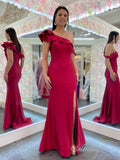 Red Ruffled One Shoulder Prom Dresses with Slit Satin Mermaid Evening Dress FD2683