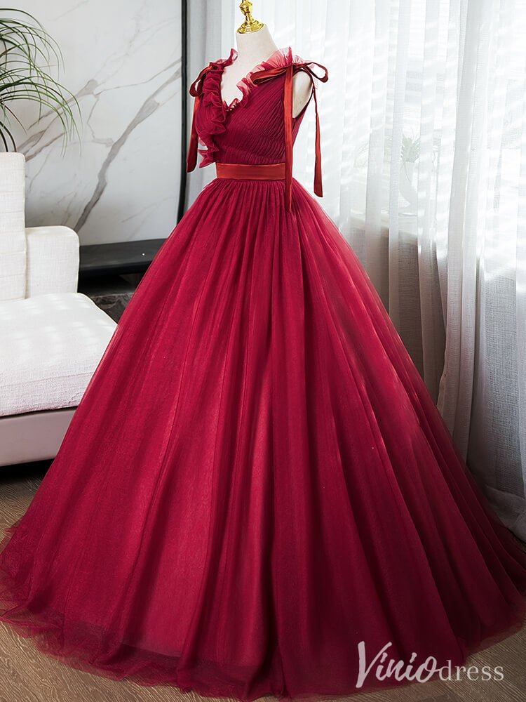 Red Ruffled Pleated Prom Dresses Bow-Tie V-Neck Tulle Ball Gown AD1358-prom dresses 2025 -Viniodress-Red-Custom Size-