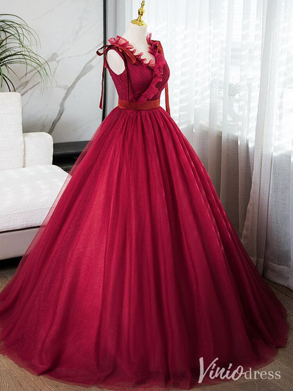 Red Ruffled Pleated Prom Dresses Bow-Tie V-Neck Tulle Ball Gown AD1358-prom dresses 2025 -Viniodress-Red-Custom Size-